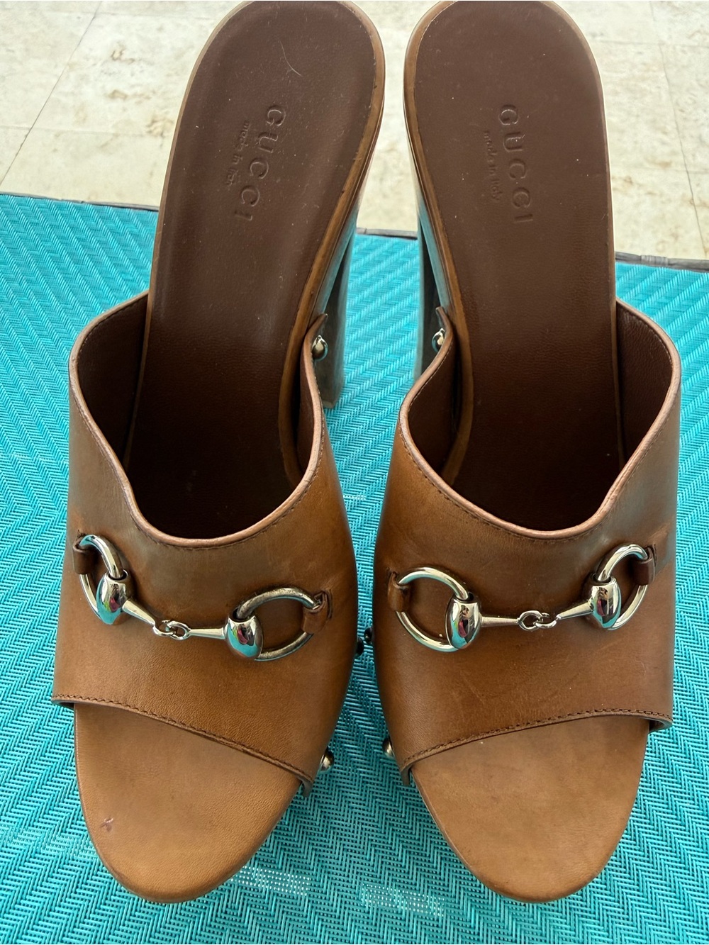 Gucci Tan Leather Horsebit Platform Mules